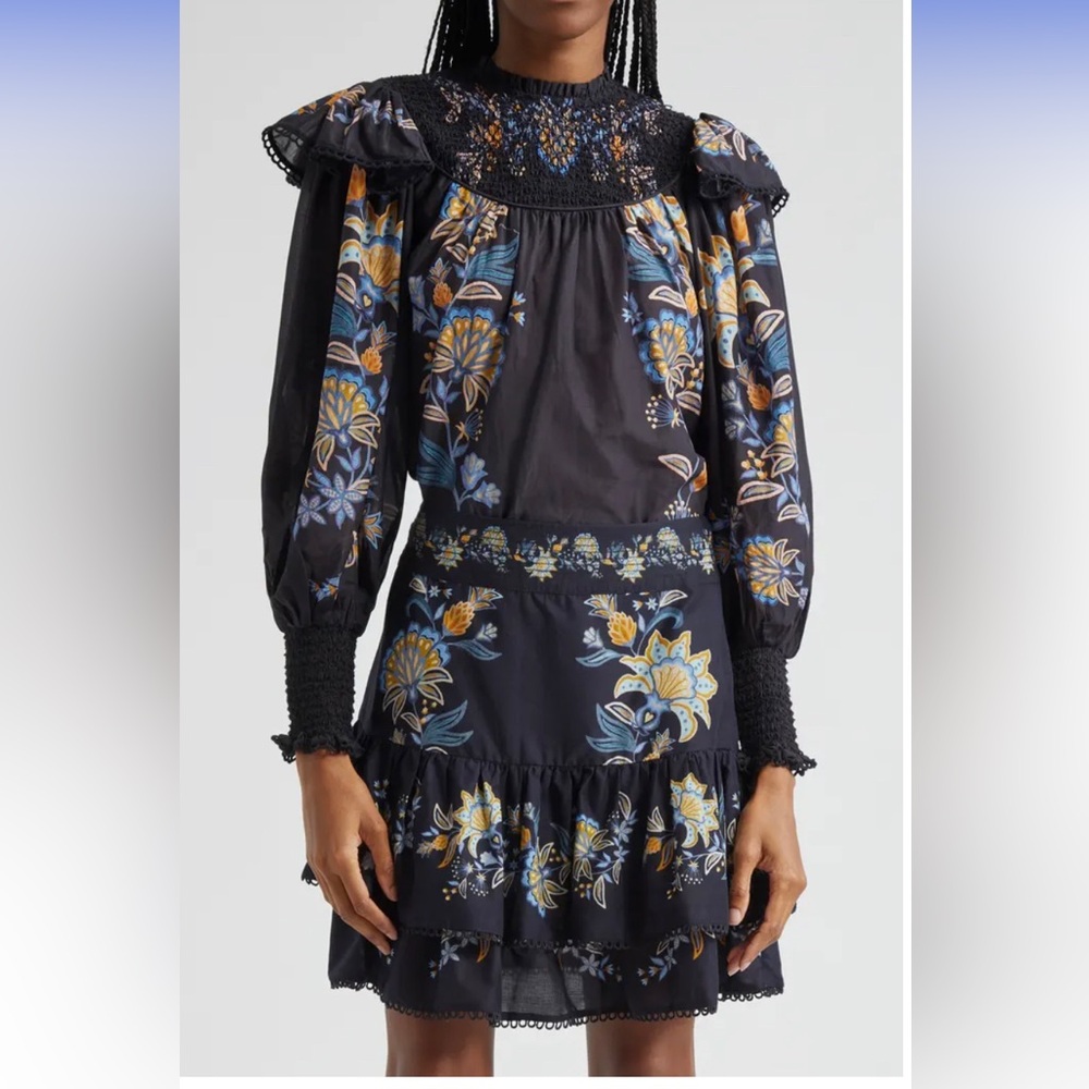 FARM RIO Stitched Garden Blouse Smocked Top Black NWT